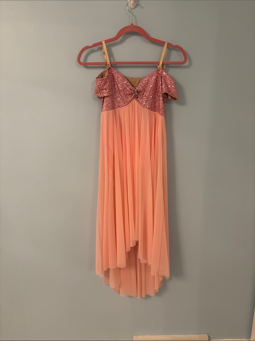 Revolution Girls Dance Costume Pink Sequin & Peach Chiffon Dress